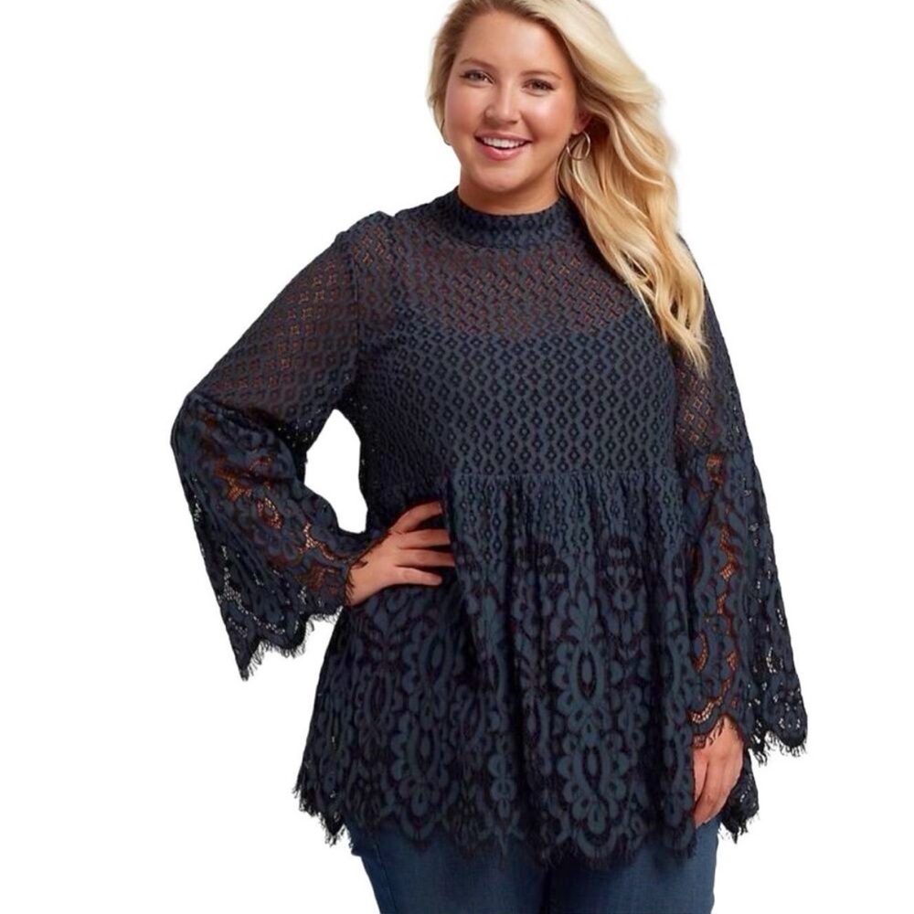 Lane Bryant Navy Blue Lace Ruffled Sheer Mock Neck Blouse Size 14